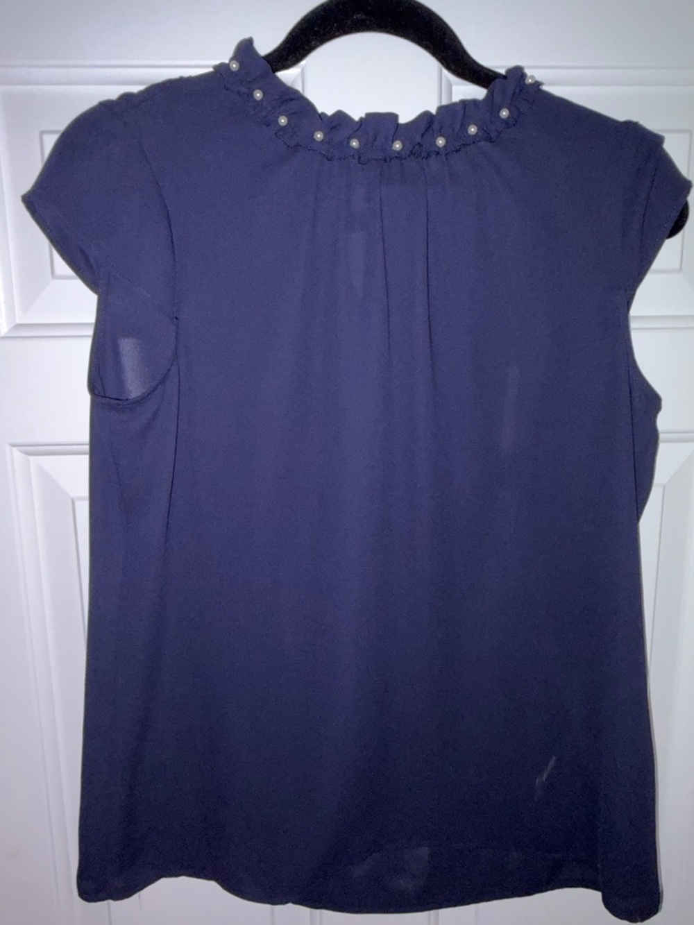 Karl Lagerfeld Navy Pearl-Accent Cap Sleeve Blouse - NWT